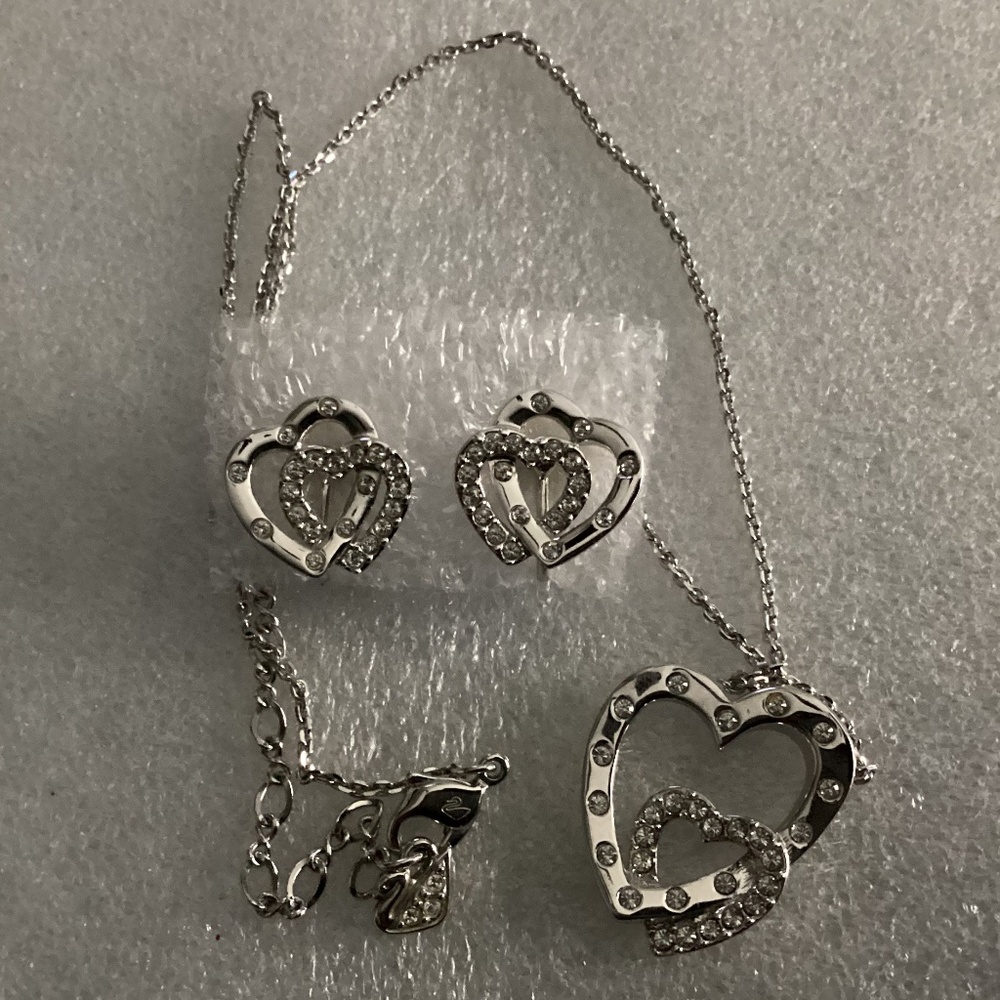 Swarovski Silver Plated Double Heart Crystal Necklace and Earrings Set